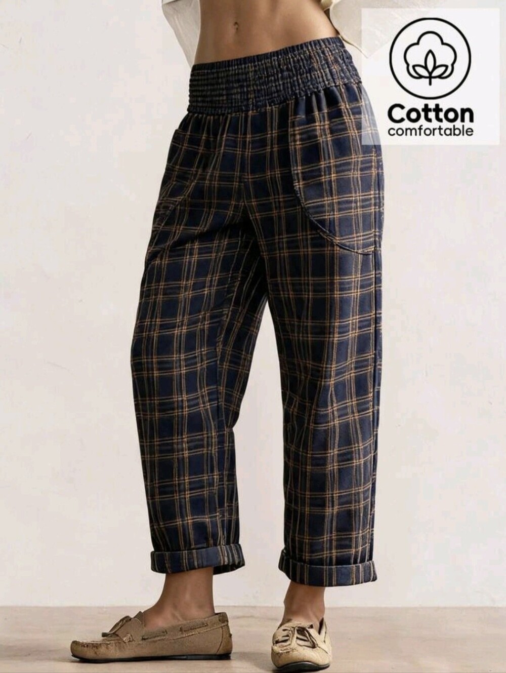 Women's Casual Vintage Woven Plaid Print Women's Long Pants, Daily Picnic Wear